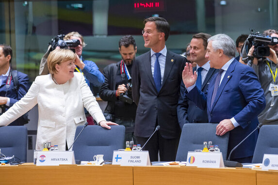 Angela Merkel, Mark Rutte, Antonio Tajani tijdens Europese Raad oktober 2018 (fotograaf: EU Council photo service)