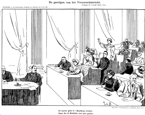 Een vergaderzaal met vrouwen als volksvertegenwoordigers anno 1908